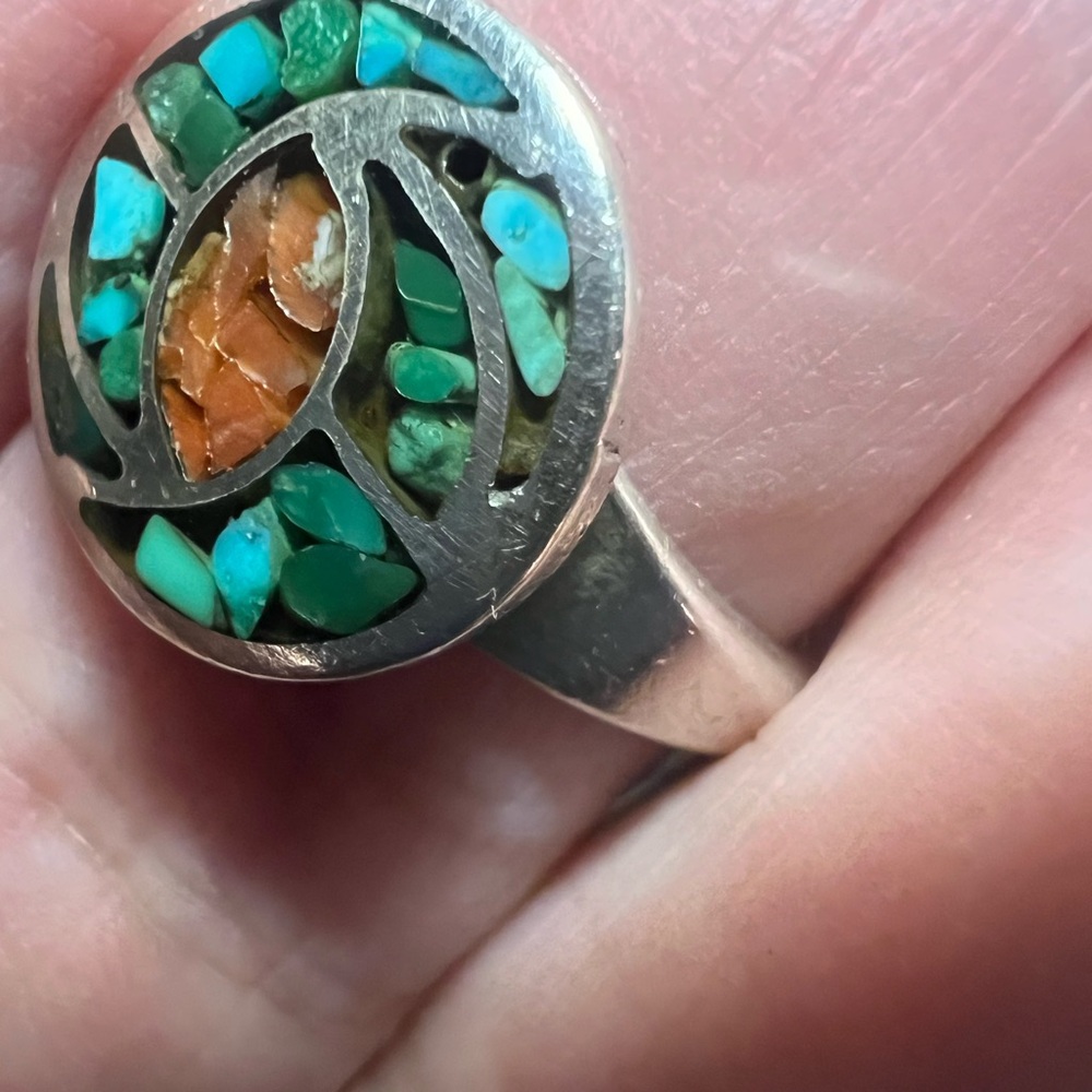 Southwestern .925 Inlay Turquoise n Coral Ring - Picture 9 of 9